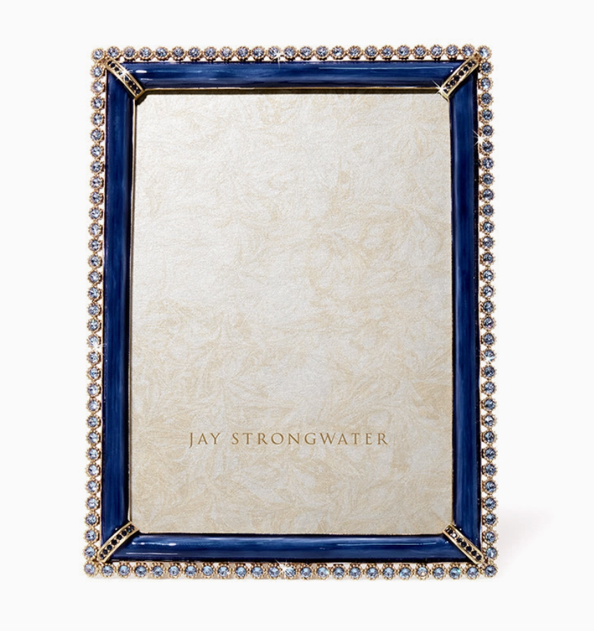 Jay Strongwater Lucas Stone Edge 5x7 Frame in Delft Garden blue with 14K gold finish and European crystals