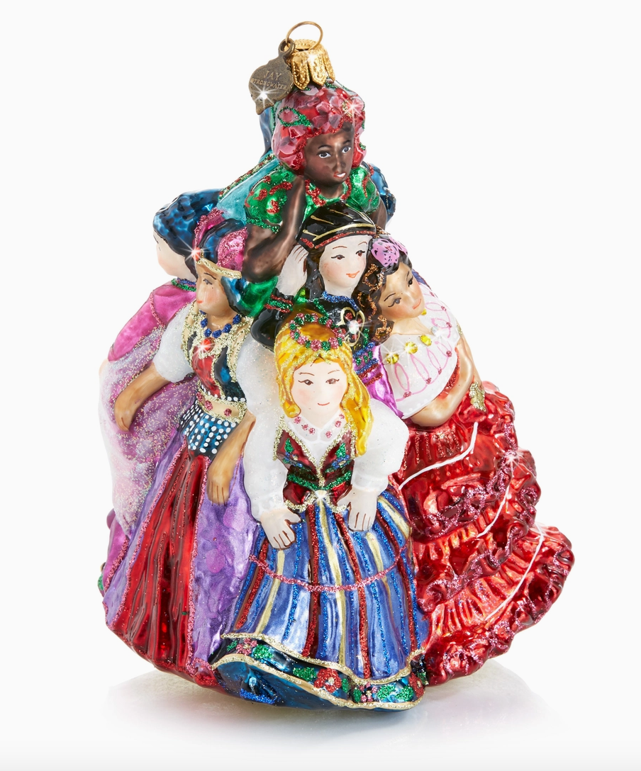 Jay Strongwater Nine Ladies Dancing 12 Days of Christmas glass ornament with nine women in colorful jeweled gowns and Swarovski crystal accents
