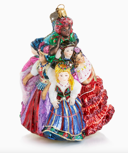 Jay Strongwater Nine Ladies Dancing 12 Days of Christmas glass ornament with nine women in colorful jeweled gowns and Swarovski crystal accents