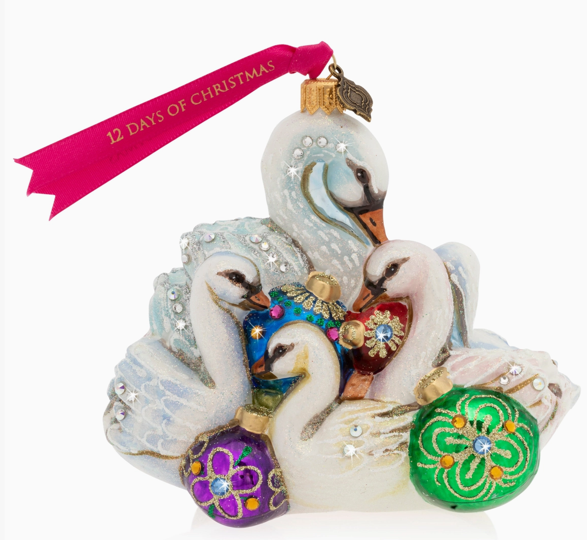 Jay Strongwater Seven Swans-A-Swimming 12 Days of Christmas glass ornament with seven white swans, colorful baubles and Swarovski crystals