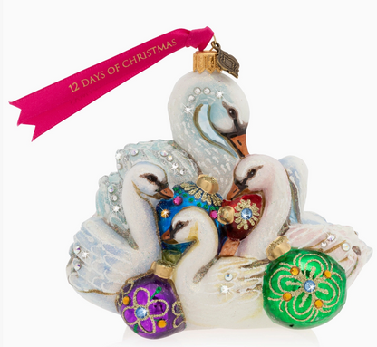 Jay Strongwater Seven Swans-A-Swimming 12 Days of Christmas glass ornament with seven white swans, colorful baubles and Swarovski crystals