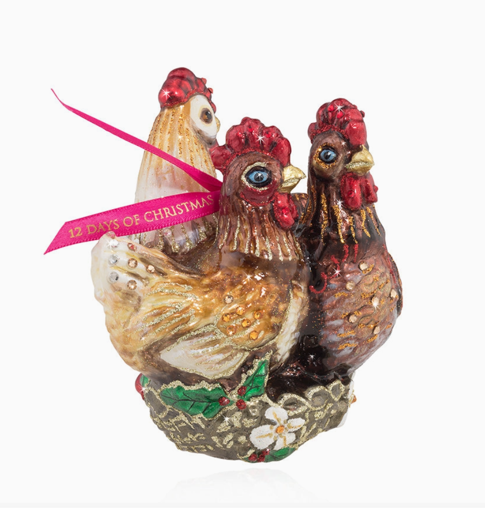 Jay Strongwater Three French Hens glass Christmas ornament with golden cream hens, ruby accents, holly and Swarovski crystals