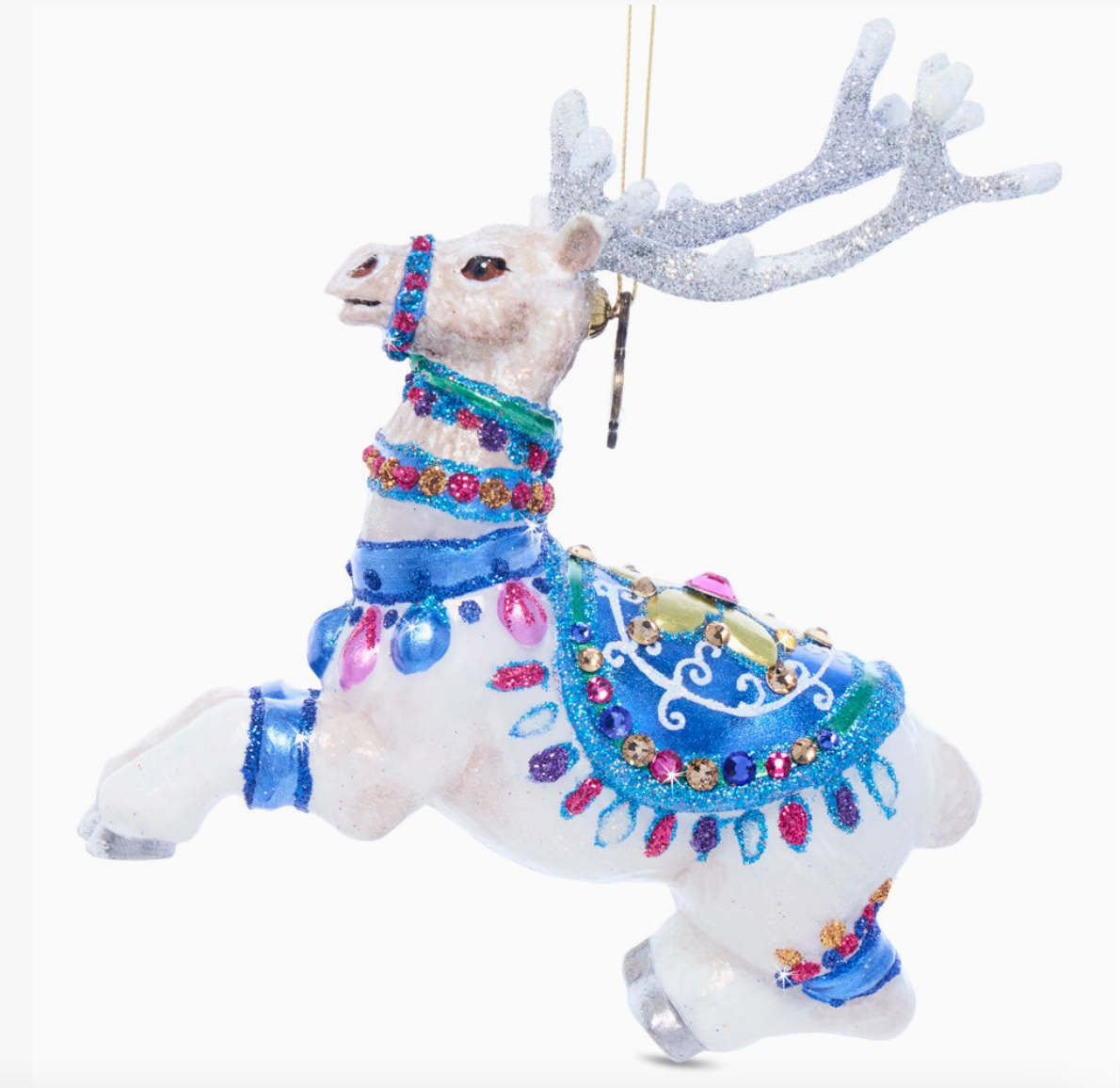 Jay Strongwater Vixen glass reindeer ornament in white and blue with glittered silver antlers and European crystals