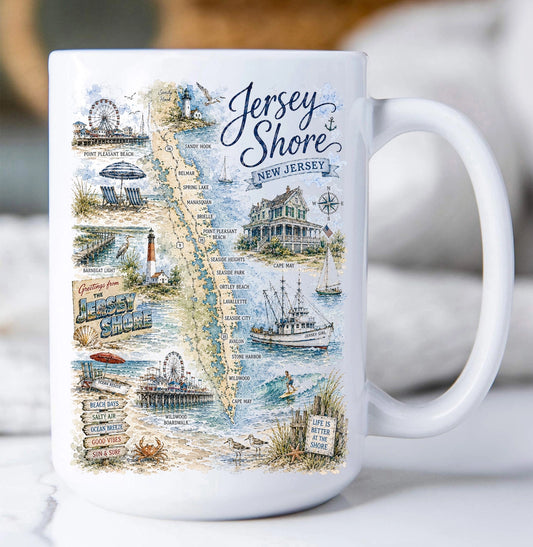 A white ceramic coffee mug featuring a detailed vintage-style illustrated map of Jersey Shore, New Jersey, with coastal landmarks, boats, beach scenes, and the text 'Jersey Shore New Jersey' on a light marble surface.