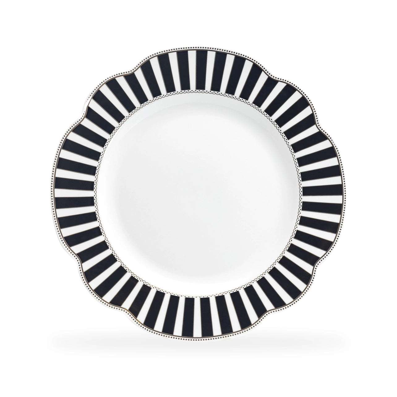 Decorative plate with black and white striped rim on a white background