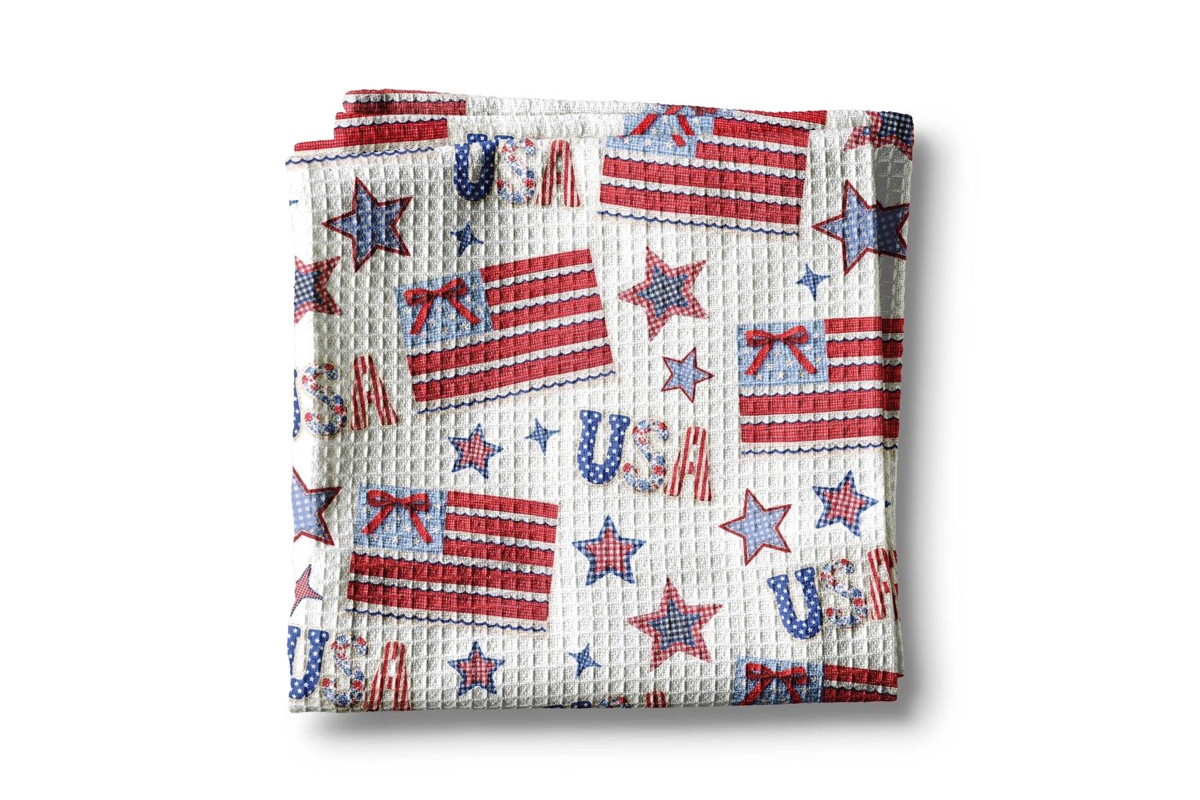 Folded fabric with American flag and 'USA' pattern on a white background