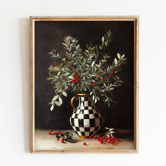 Framed painting of a checkered vase with green leaves and red berries on a dark background