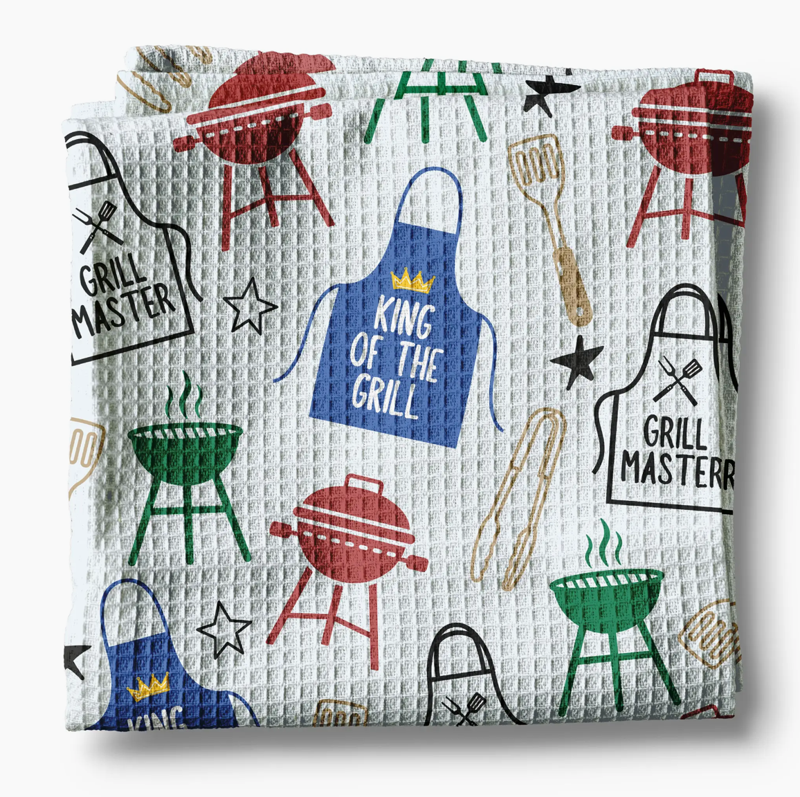 Waffle-textured towel with grill-themed designs on a white background
