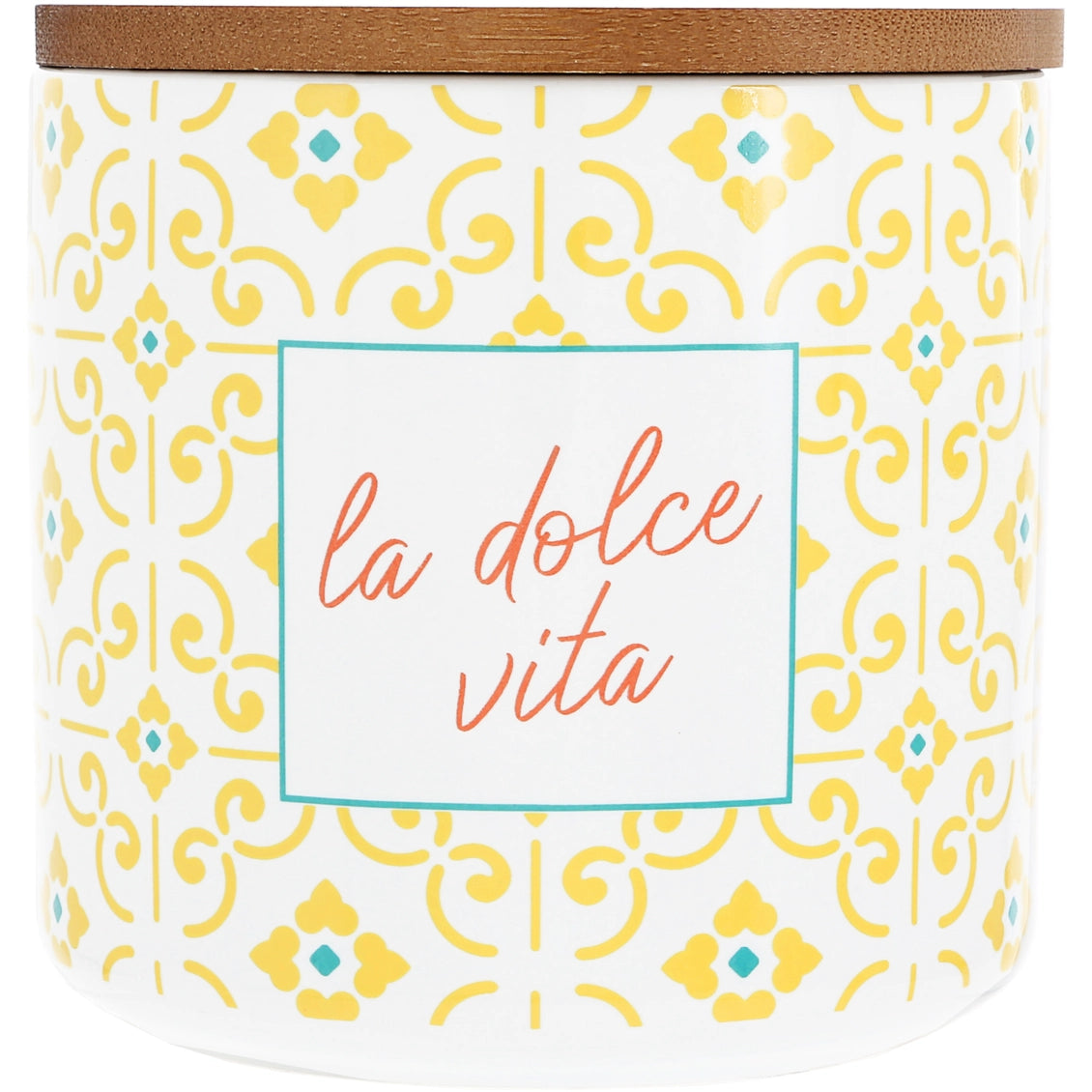 Cylindrical container with 'la dolce vita' text and decorative pattern on a white background