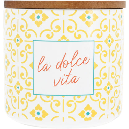 Cylindrical container with 'la dolce vita' text and decorative pattern on a white background