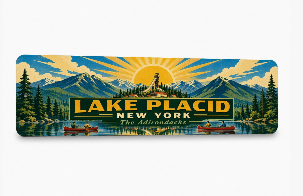Lake Placid New York 15 x 5 metal sign in Vintage WPA Poster style with Adirondack mountains, lake, canoes and retro travel artwork.