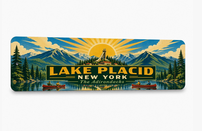 Lake Placid New York 15 x 5 metal sign in Vintage WPA Poster style with Adirondack mountains, lake, canoes and retro travel artwork.