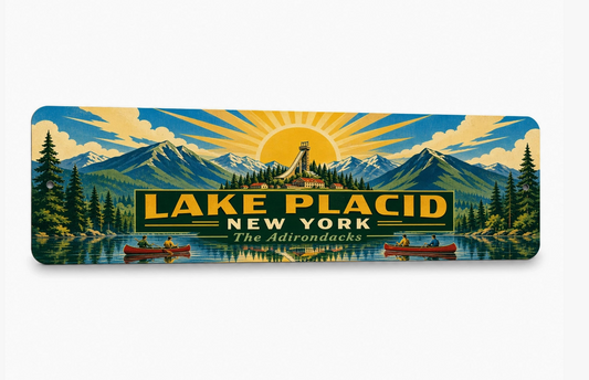 Lake Placid New York 15 x 5 metal sign in Vintage WPA Poster style with Adirondack mountains, lake, canoes and retro travel artwork.