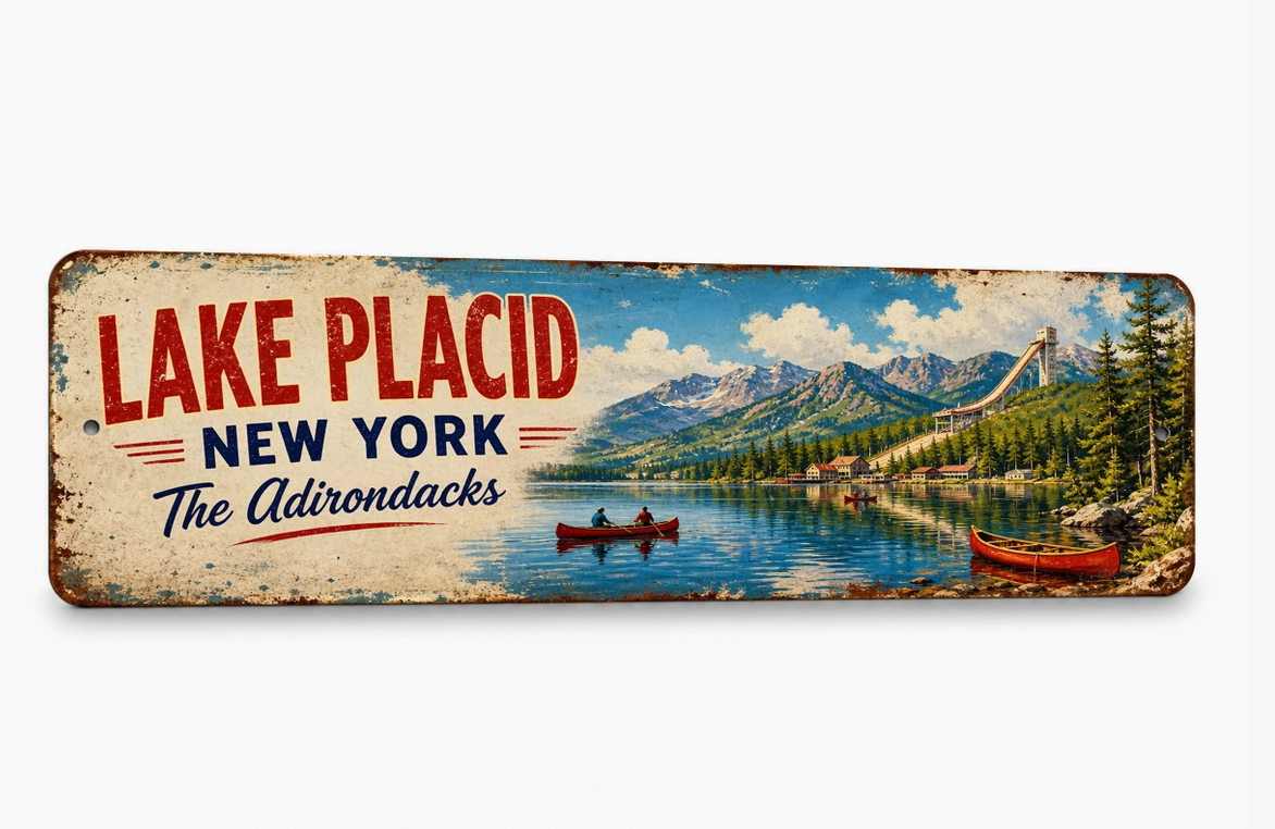 Lake Placid New York metal sign in Weathered Tin style with vintage Adirondack mountain and lake artwork.