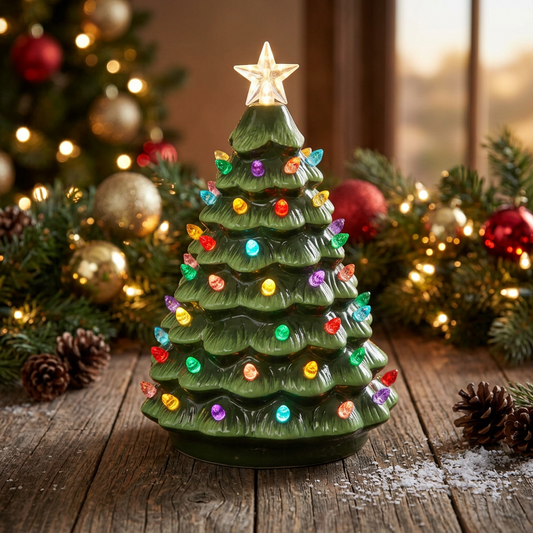 Large green ceramic Christmas tree figurine with layered evergreen branches, multicolored LED lights, and illuminated star topper, measuring 8 inches tall.