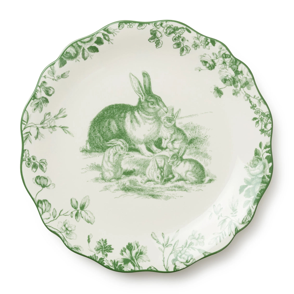 Decorative plate with green rabbit illustration on a white background