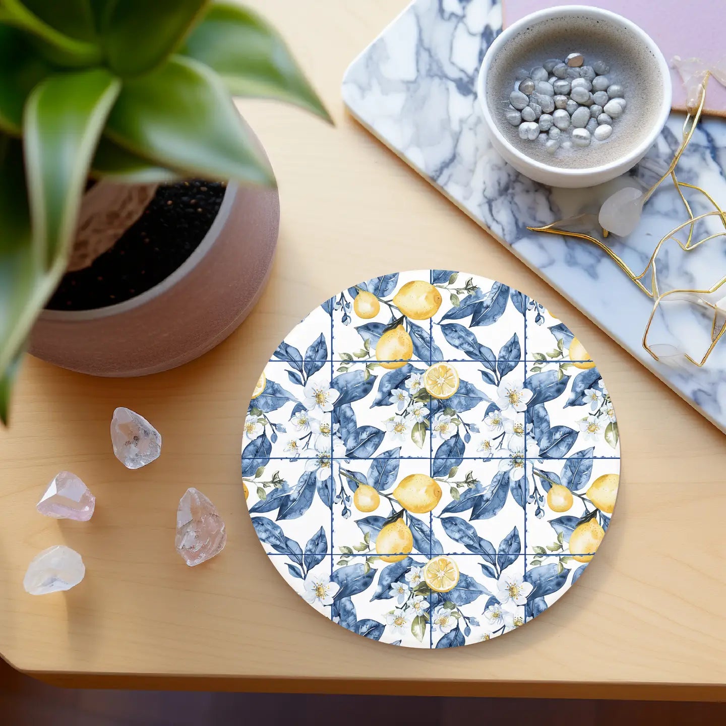 Mediterranean Lemon Coasters Blue & Yellow Accents - Set of 4