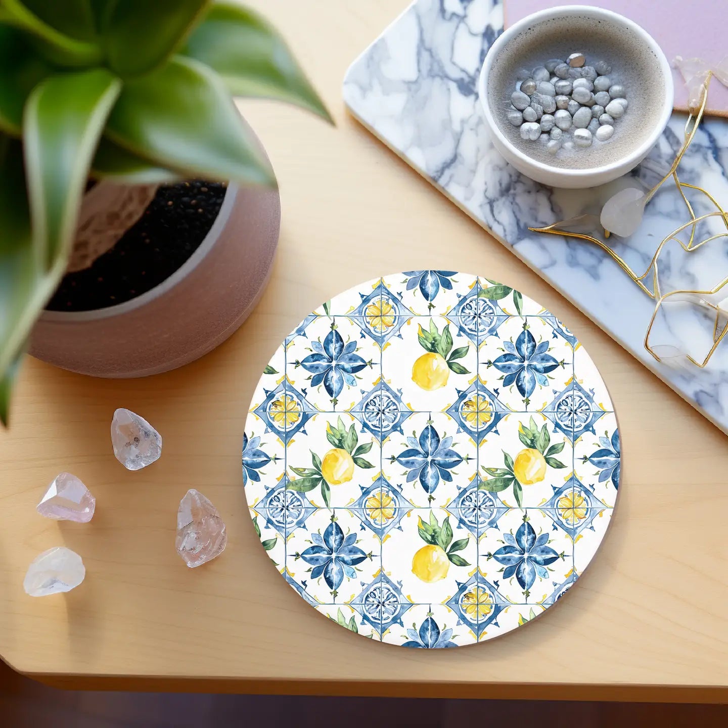 Mediterranean Lemon Coasters Blue & Yellow Accents - Set of 4