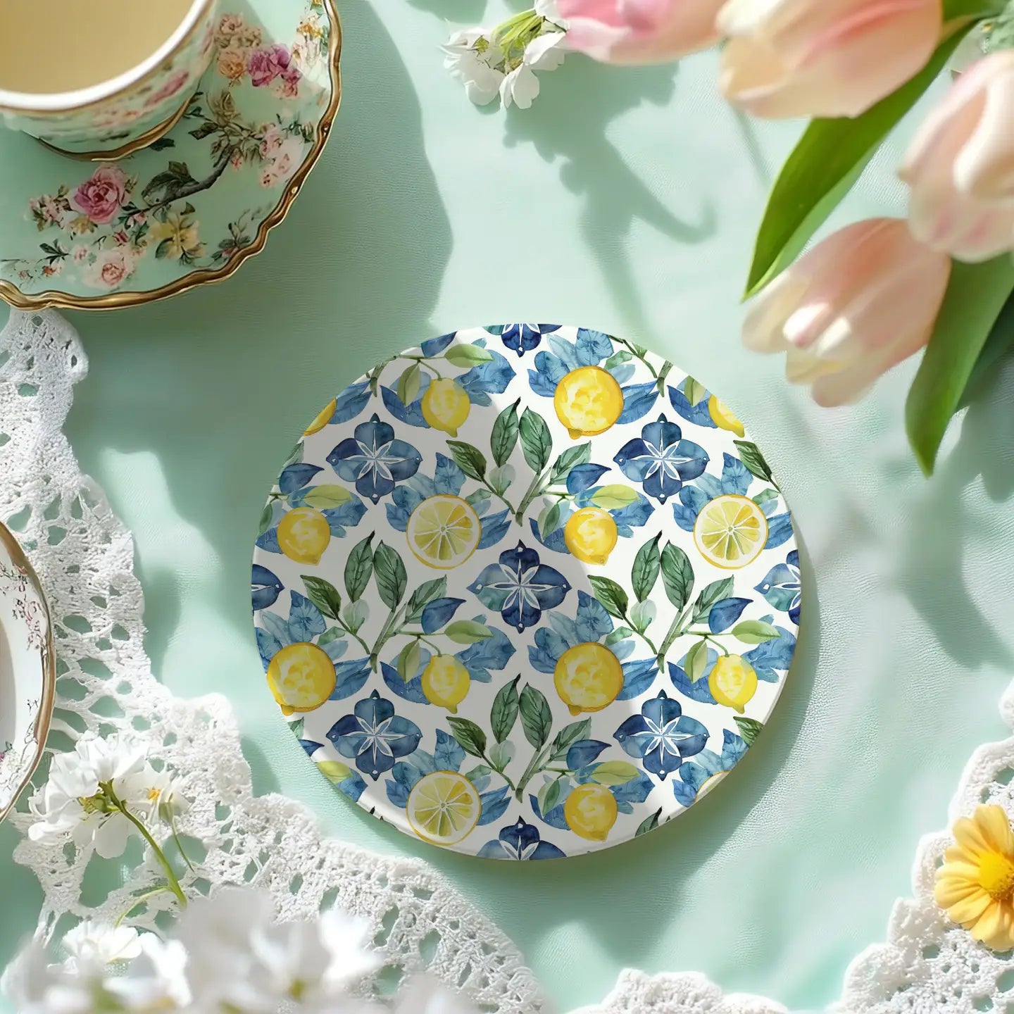 Mediterranean Lemon Coasters Blue & Yellow Accents - Set of 4