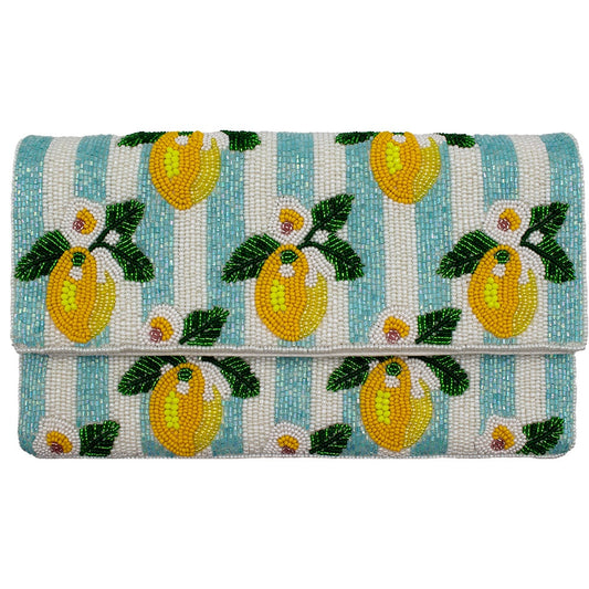 Beaded clutch with lemon pattern on a white background
