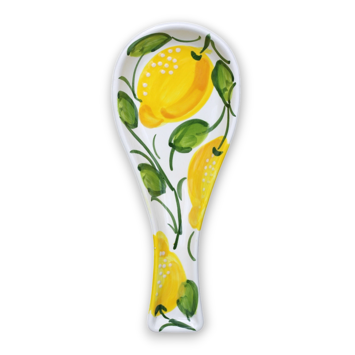 A white ceramic spoon rest decorated with a hand-painted style yellow lemon and green leaf pattern, shown on a clean white background.