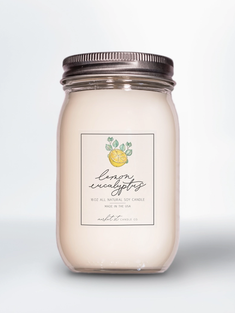 Market Street Candle Co. Lemon Eucalyptus 16 oz soy candle in reusable glass Ball jar with metal lid.