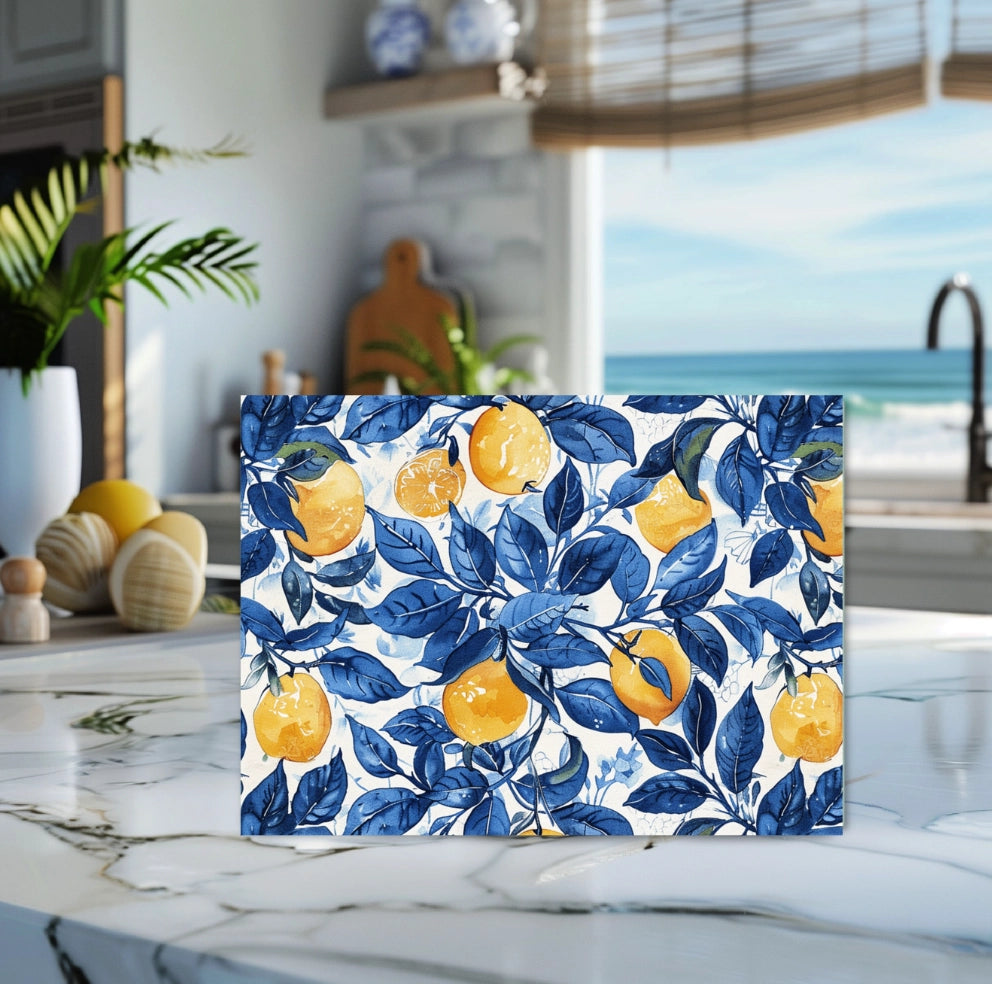 Decorative backsplash with lemon and leaf pattern in a kitchen setting