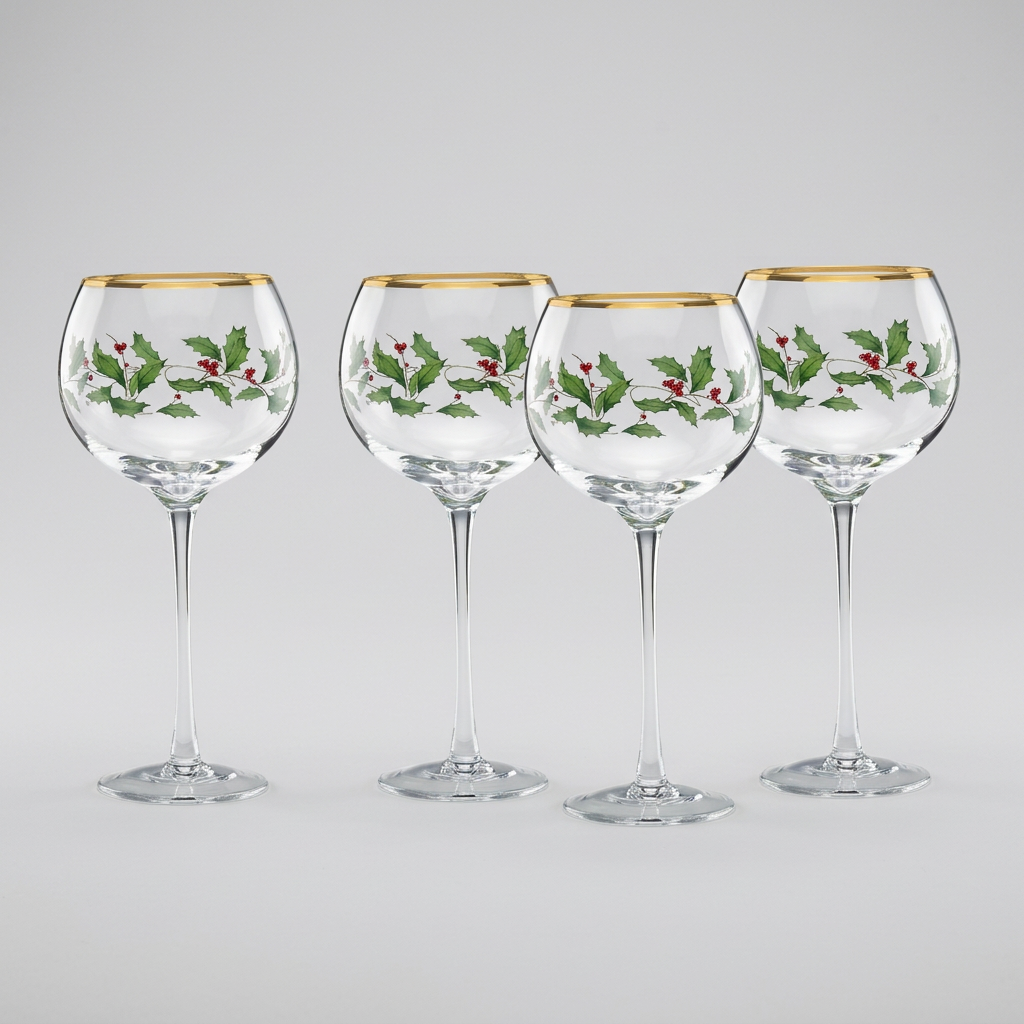 Lenox Berry Garland set of four balloon wine glasses with holly berry design and 24K gold rims