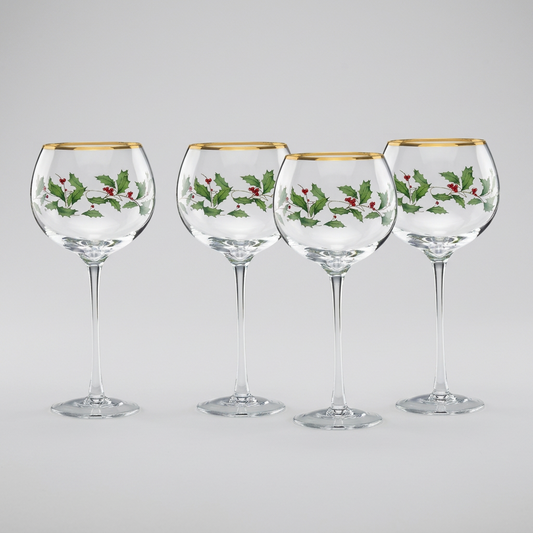 Lenox Berry Garland set of four balloon wine glasses with holly berry design and 24K gold rims