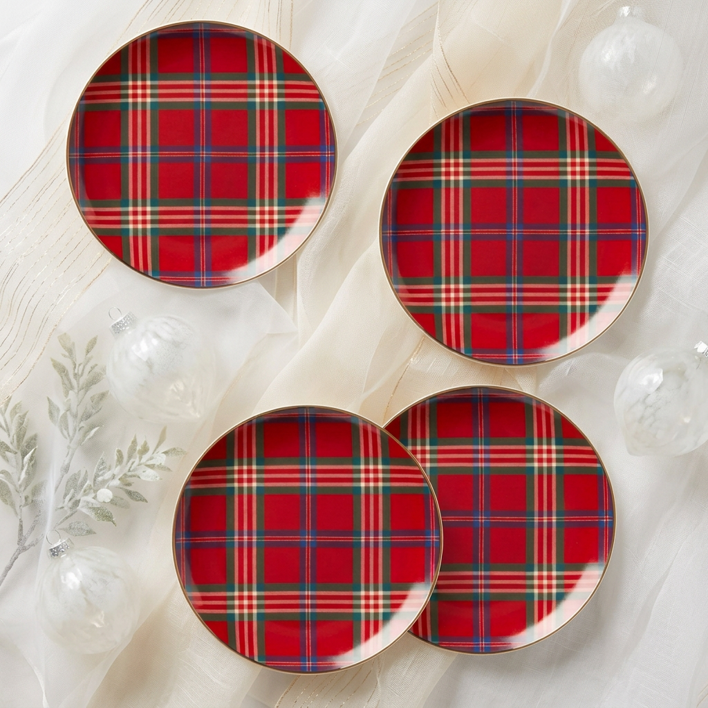Lenox Holiday Red Tartan porcelain accent plates set of 4 with 24K gold trim