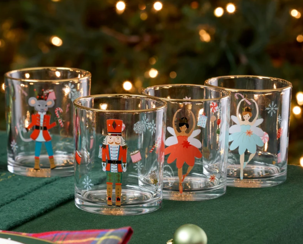 Lenox Nutcracker Ballet double old fashioned glasses set of four with ballerina nutcracker and Mouse King Christmas designs