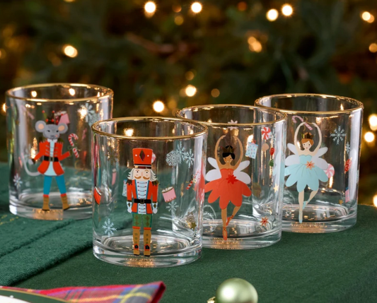 Lenox Nutcracker Ballet double old fashioned glasses set of four with ballerina nutcracker and Mouse King Christmas designs