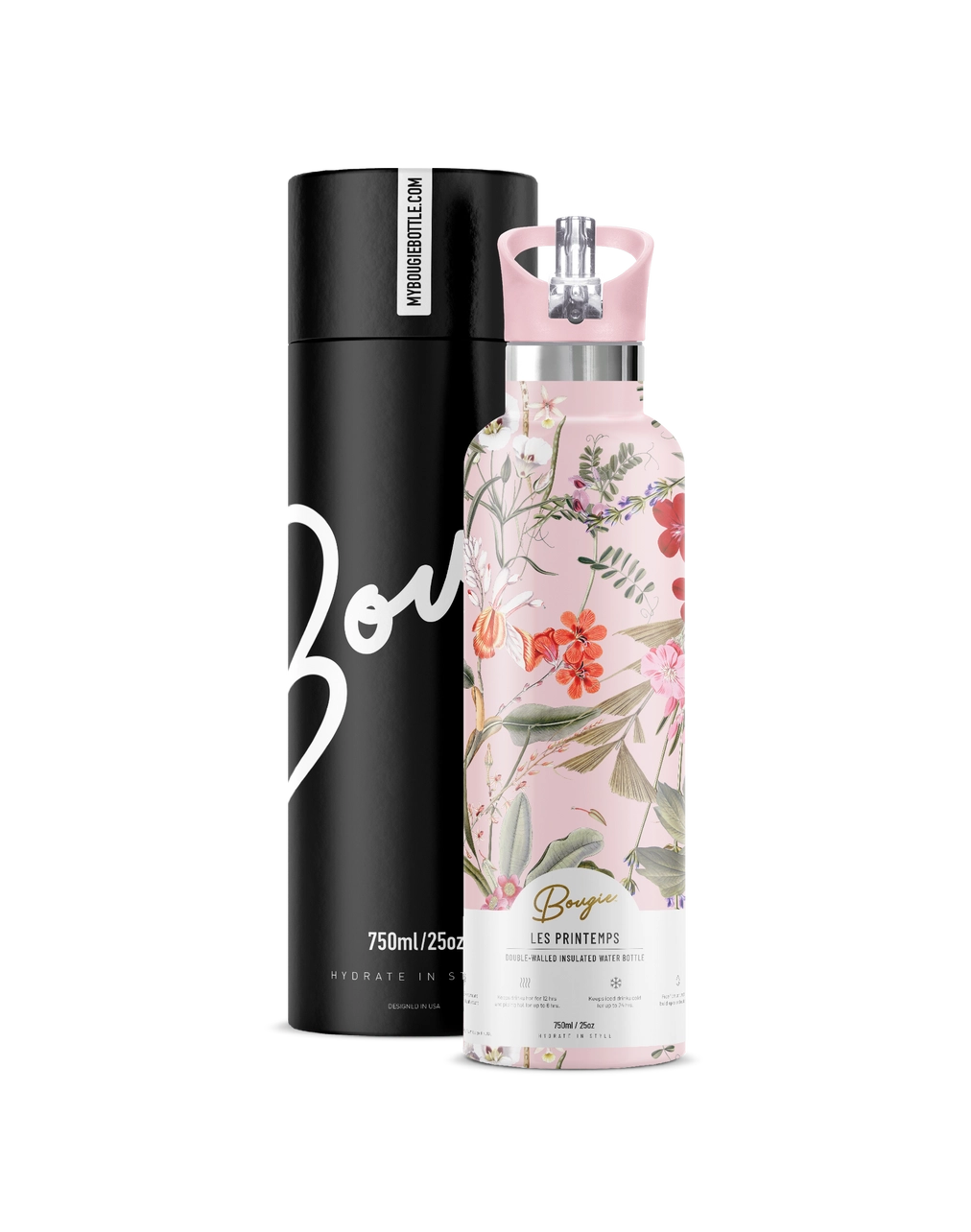 Floral-patterned water bottle with black cylindrical container on a white background