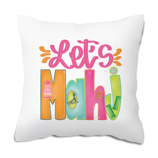 White pillow with colorful text 'Let's Mahv' on a white background