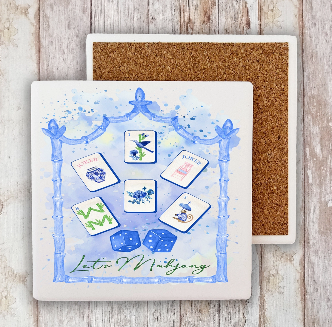 Let’s Mahjong blue and white stone coaster with Mahjong tiles, dice, watercolor bamboo design and cork backing