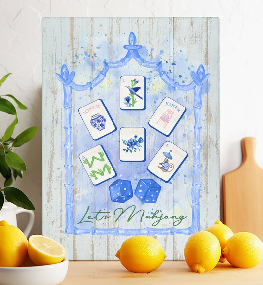 Let’s Mahjong blue and white tempered glass cutting board and trivet with Mahjong tiles, dice and watercolor bamboo design