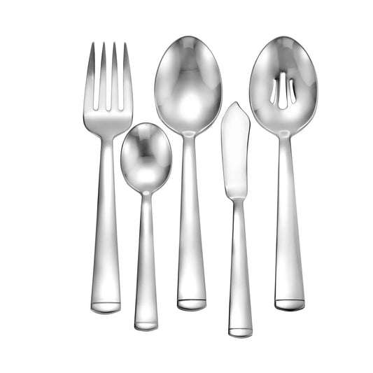 Set of silver cutlery including a fork, knife, and two spoons on a white background