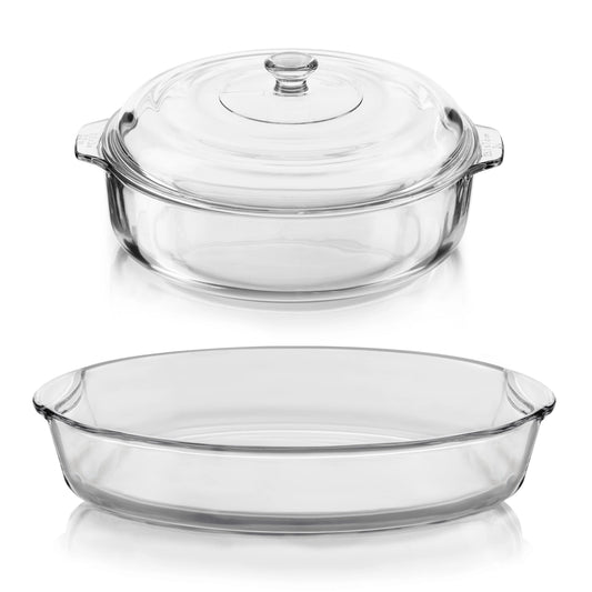 Set of two clear glass cookware items on a white background