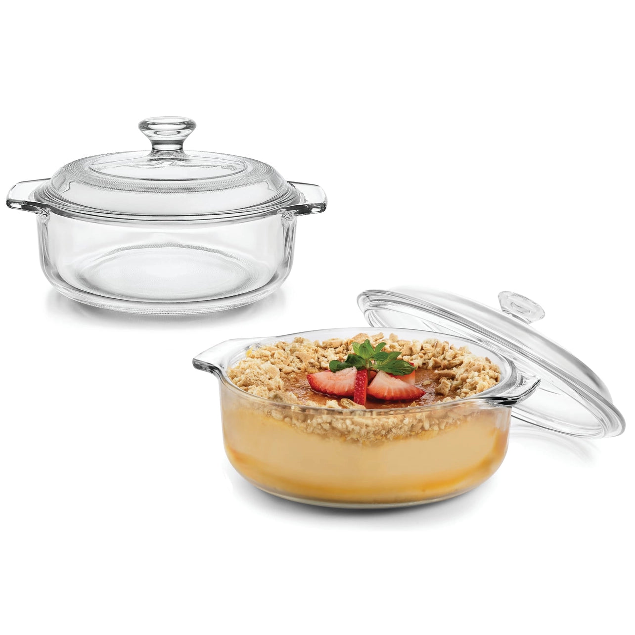 Glass baking dish with lid containing dessert on a white background