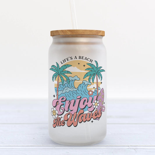 Life's A Beach, Retro Summer Frosted Glass Can Tumbler