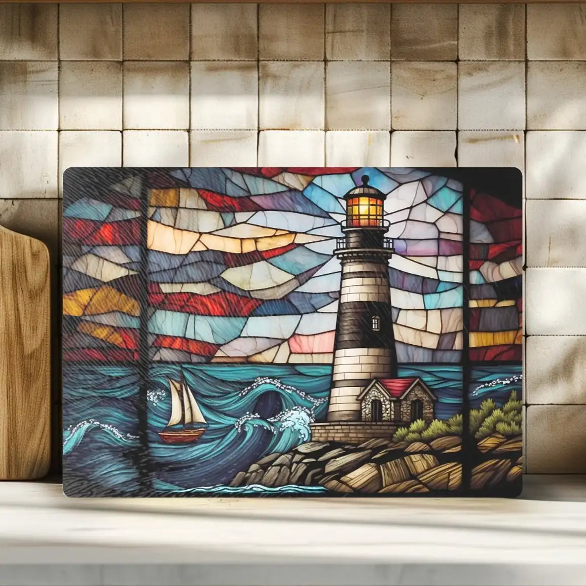 Stained glass-style artwork of a lighthouse and sailboat on a wooden surface.