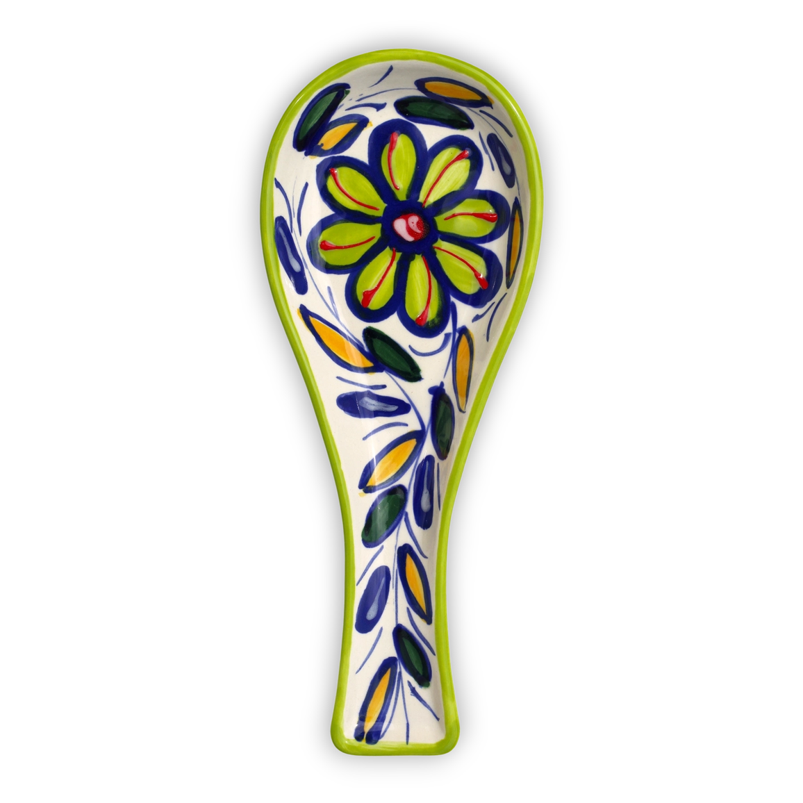A ceramic spoon with a hand-painted floral design in yellow, blue, green, and red on a white background, featuring a lime green rim.