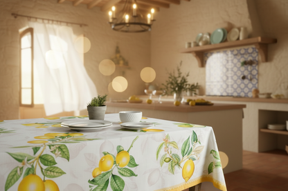Tablecloth with lemon design on a table with plates and a plant.