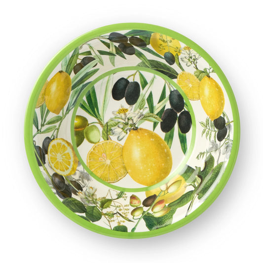 Decorative plate with lemon and olive design on a white background