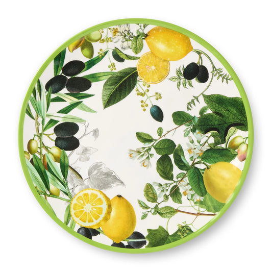Decorative plate with lemon and olive design on a white background