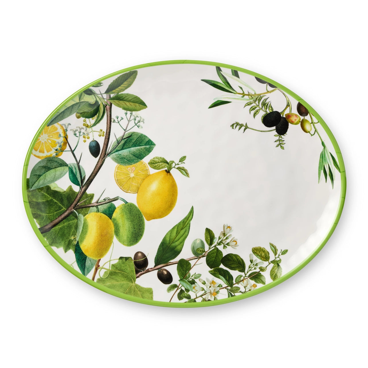 Decorative plate with lemon and olive design on a white background