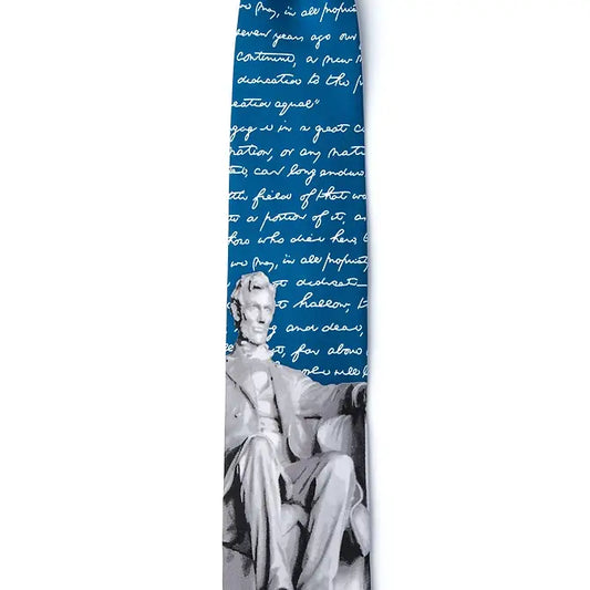 Towel with classical Lincoln Memorial statue design and text on a blue background