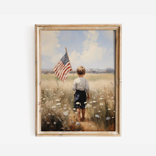Framed painting of a boy holding an American flag in a field