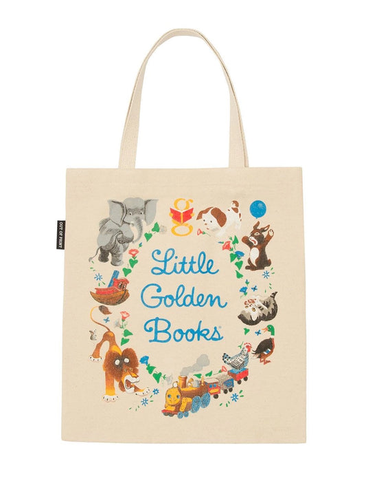 Beige tote bag with illustrations of animals and 'Little Golden Books' text on a white background