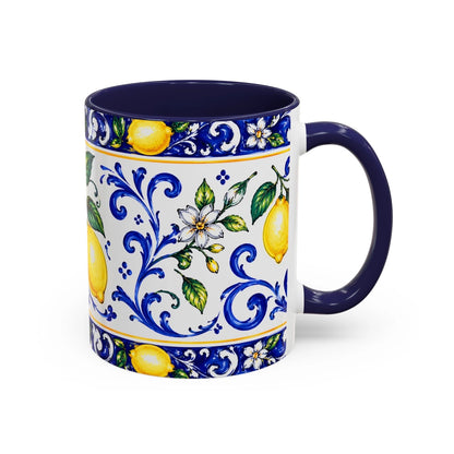 Ceramic mug with lemon and floral design on a white background